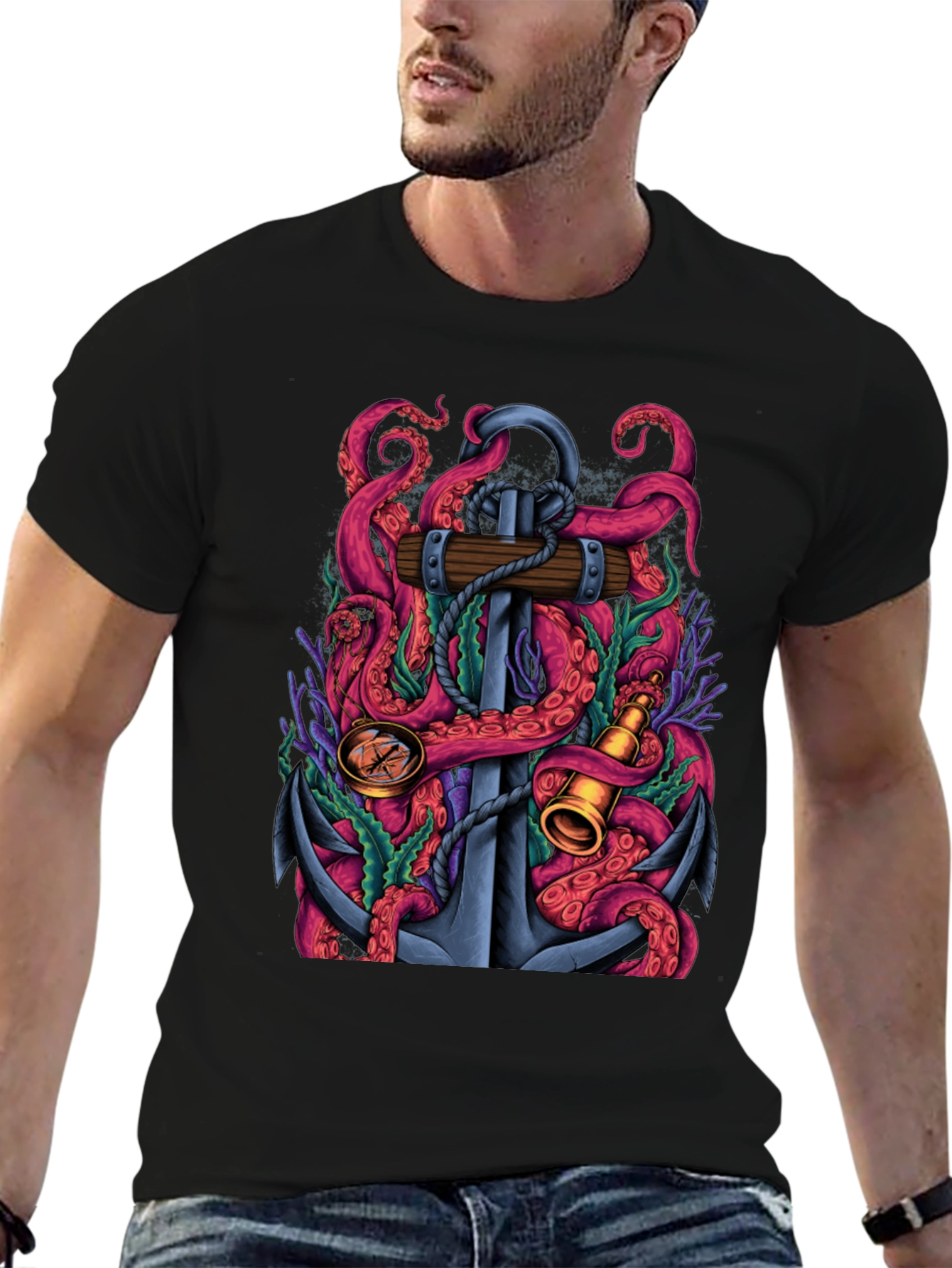 Nautical Octopus Anchor Graphic Tee - Black