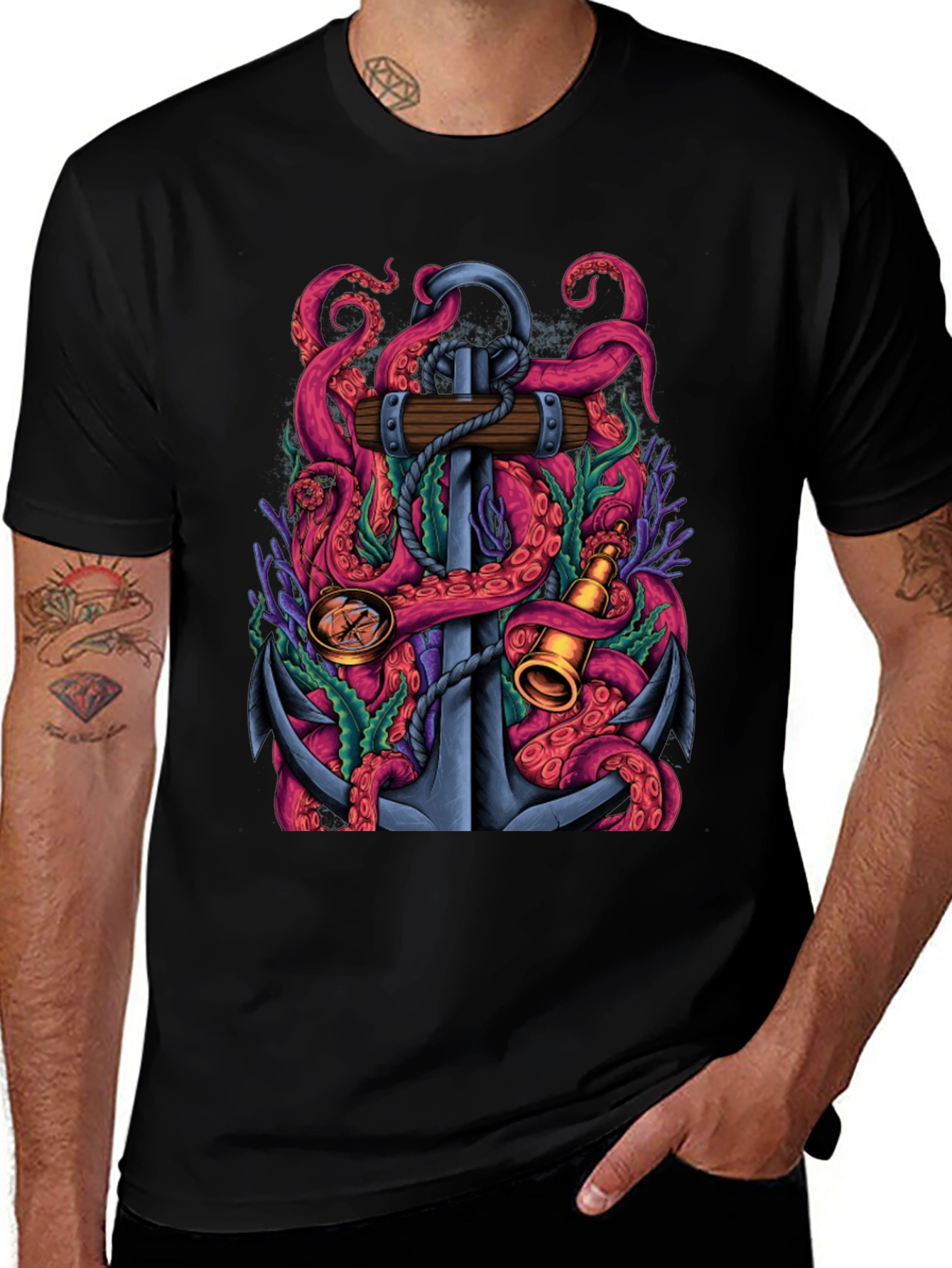 Nautical Octopus Anchor Graphic Tee - Black