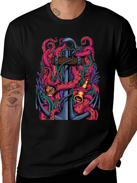 Nautical Octopus Anchor Graphic Tee - Black