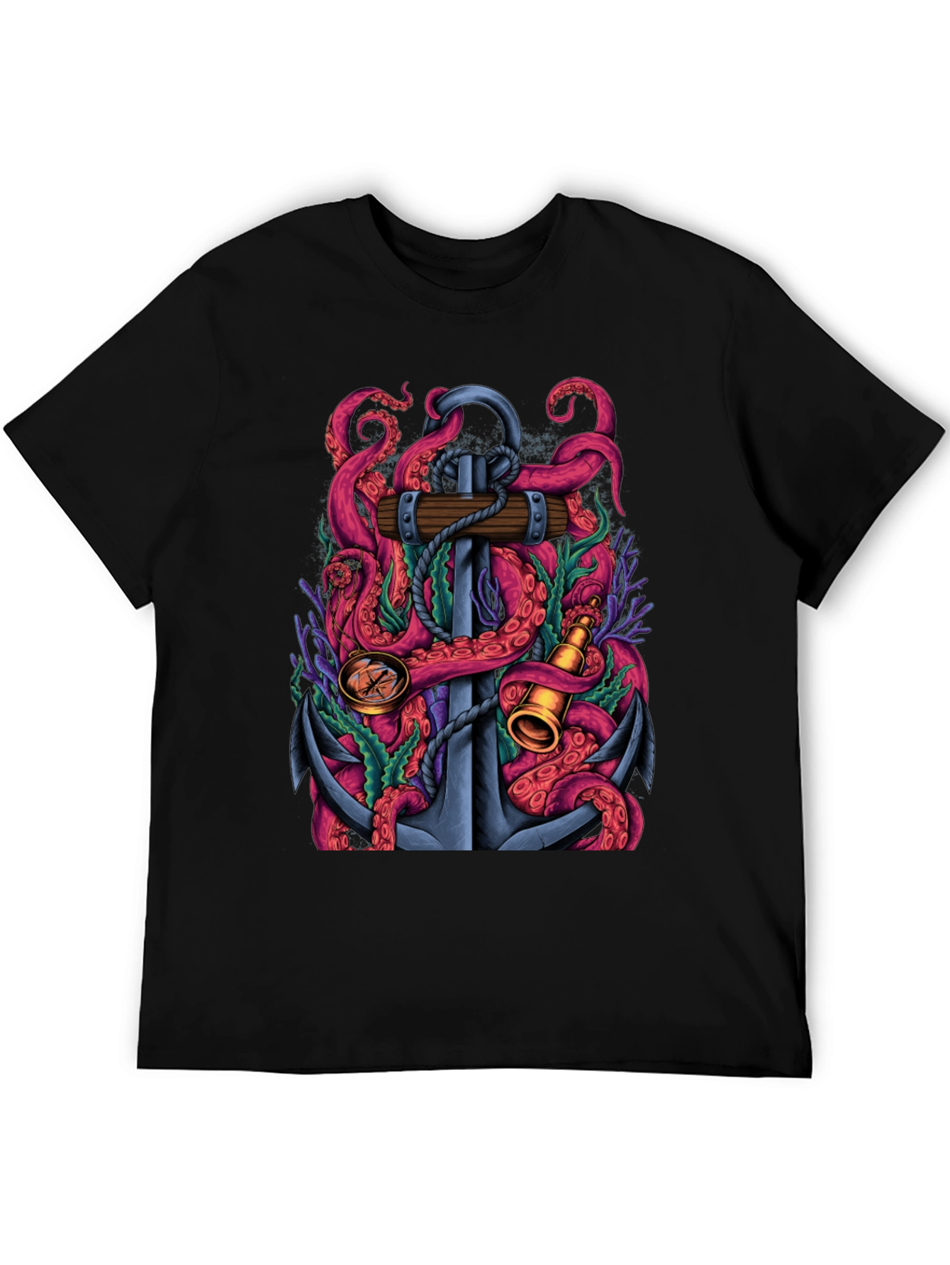 Nautical Octopus Anchor Graphic Tee - Black