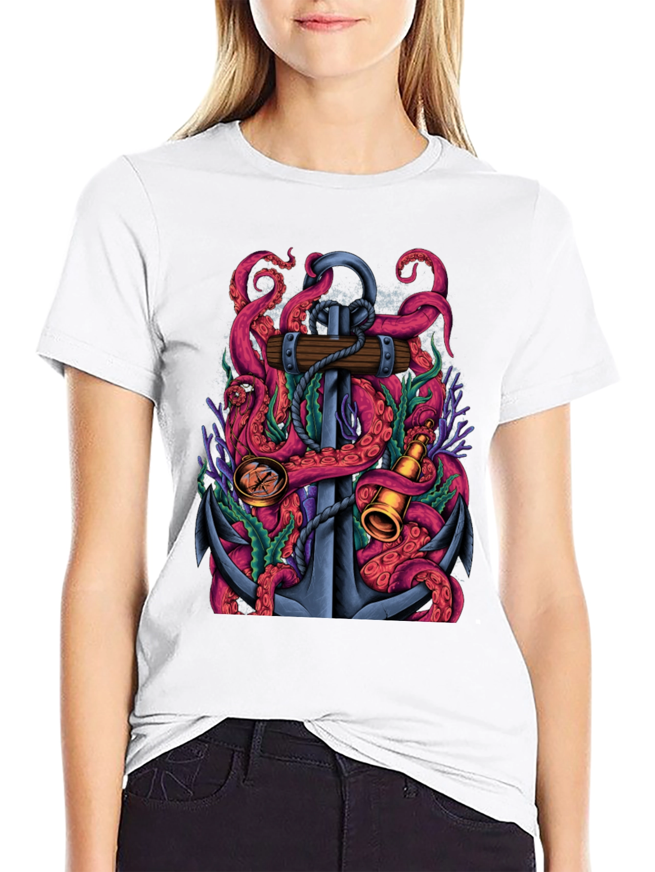 Nautical Octopus Anchor Graphic Tee - Black