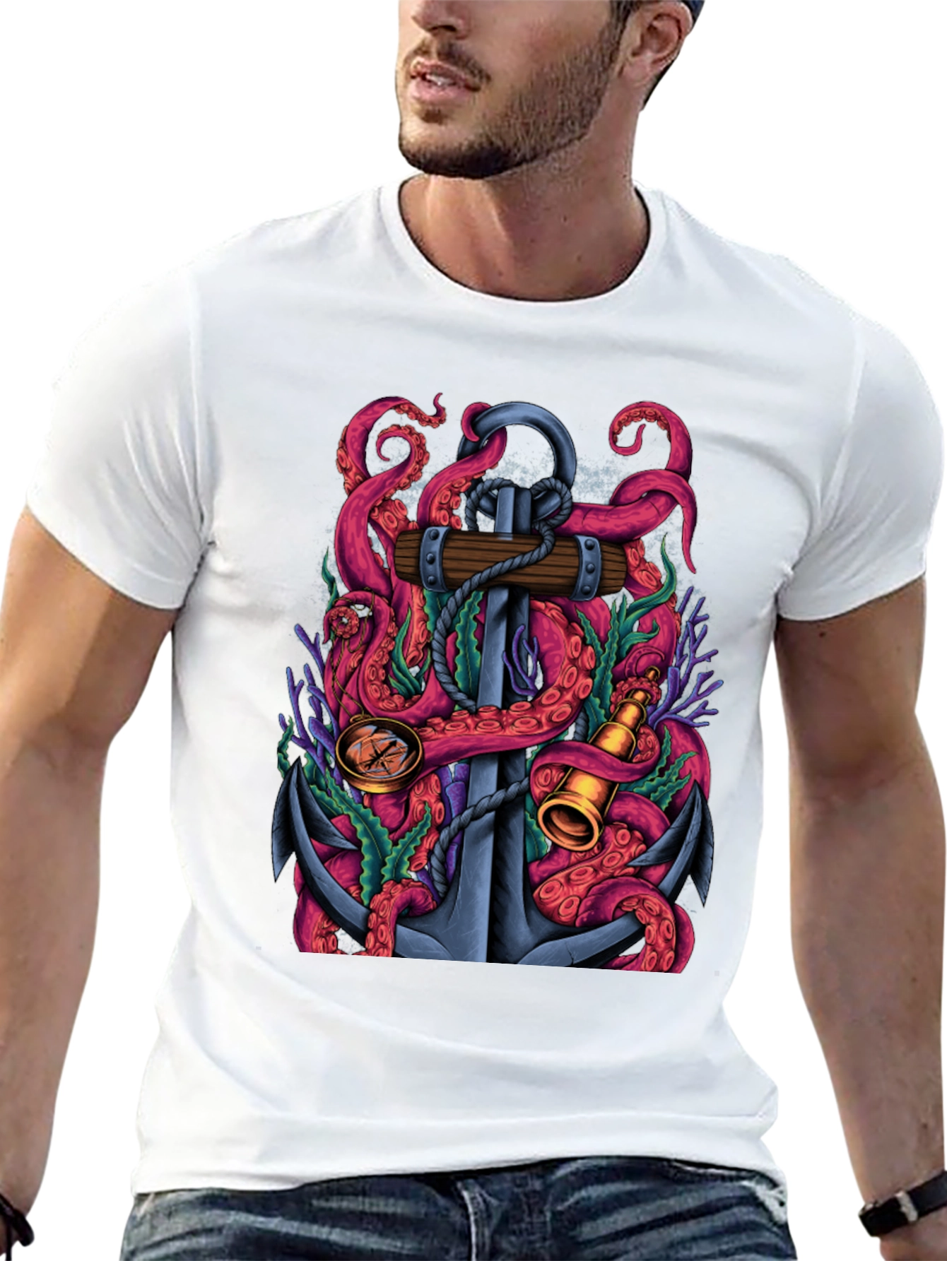 Nautical Octopus Anchor Graphic Tee - Black