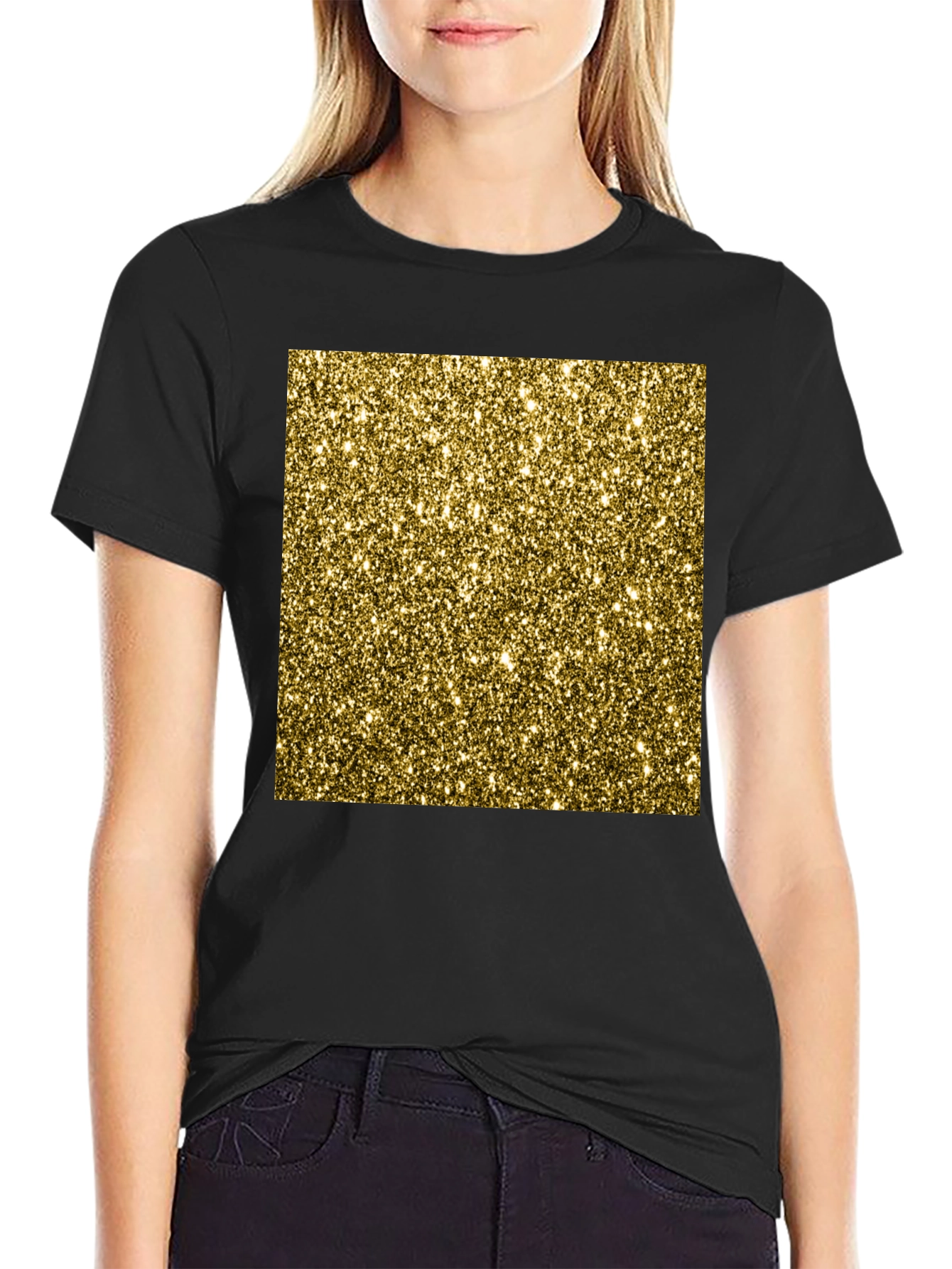 Sparkling Gold Glitter Graphic Tee - Black